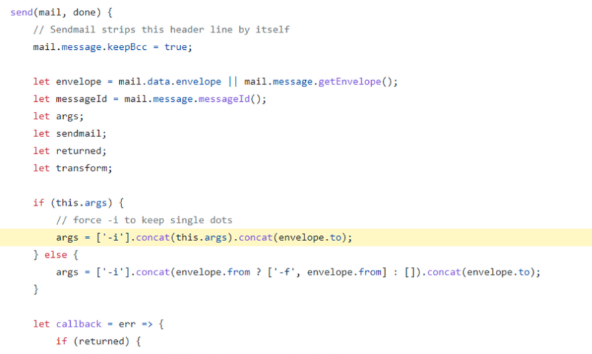 Nodemailer's sendmail transport, where user input reaches the spawned process.